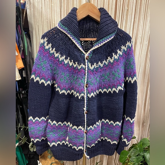 vintage hand-knit chunky wool cardigan sweater Fair Isle pattern blue teal - Picture 5 of 15